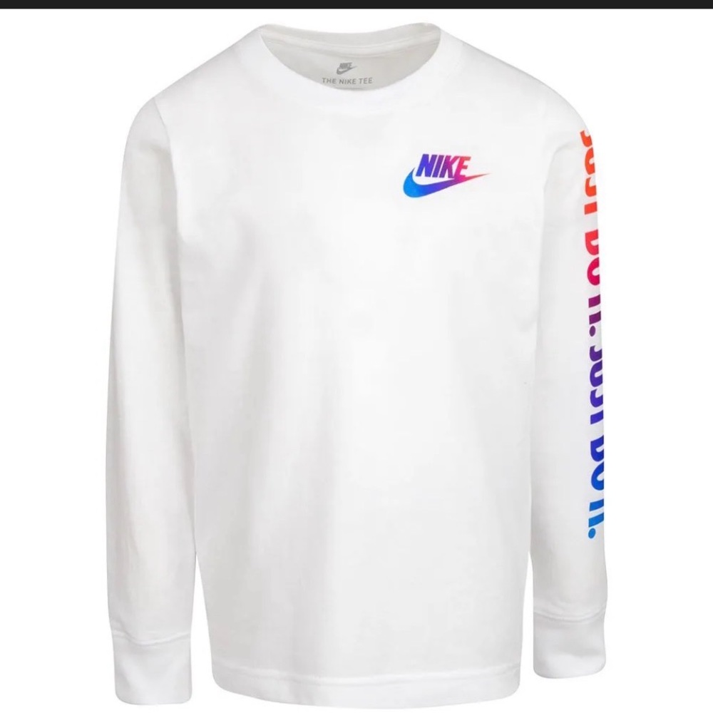 Nike White Long-Sleeve Tee with Rainbow Gradient Swoosh